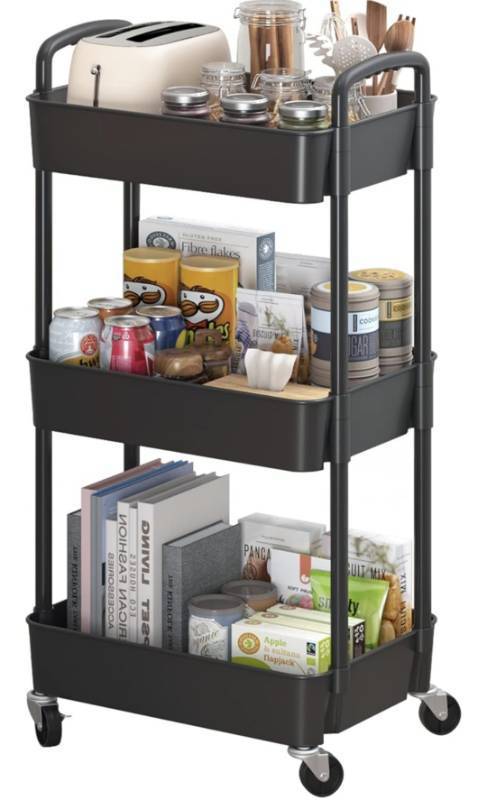 lot 27504 image: Sywhitta 3-Tier Plastic Rolling Utility Cart with Handle, Multi-Functional Storage Trolley for Office, Living Room, Kitchen, Movable Storage Organizer with Wheels, Black
