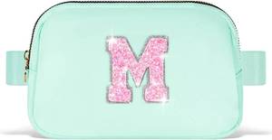 lot 8870 image: Fanny Pack Belt Bag Crossbody Bags with Initials Letter Patch Trendy Stuff for Teens Cute Stuff Birthday Gifts for Teenager Girls  Light Green,Initial M