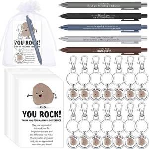 lot 8873 image: 15 Sets Valentines Thank You Gifts You Rock Pens Keychains with Cards Bags Positive Employee Appreciation Gifts for Coworker Team, 5 Styles