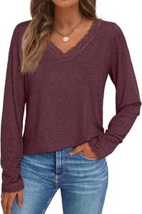 lot 5615 image: AUTOMET V Neck T Shirts for Women Lace Long Sleeve Cute Tops Fall Winter Dressy Business Casual Blouses Trendy Basic Tees SIZE XL