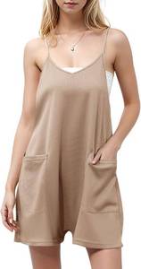 lot 5640 image: Rompers for Women Summer Casual Waffle Knit Loose Sleeveless Shorts Romper Spaghetti Strap Jumpsuit with Pockets 2024, Medium, Latte