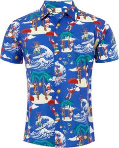 lot 5641 image: uideazone Men Ugly Christmas Hawaiian Shirt Santa Claus Party Aloha Beach Shirt Navy Blue 3XL