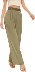 lot 5653 image: Women Satin Silk Pants High Waist Wide Leg Work Casual Trousers Loose Fit with Pockets Green SIZE 2