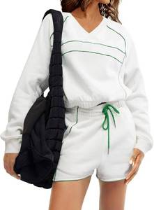 lot 5658 image: Fisoew Womens Sweatsuits 2 Piece Outfits V Neck Fleece Sweatshirts Contrast High Waisted Shorts Casual Tracksuits Lounge Sets SIZE L