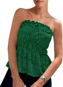 lot 5672 image: PRETTYGARDEN Womens Boho Tube Tops 2025 Summer Strapless Off Shoulder Eyelet Smocked Peplum Trendy Going Out Bandeau Top SIZE S