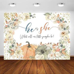 lot 5712 image: Avezano Fall Pumpkin Theme Gender Reveal Backdrop He or She Autumn Pumpkin Gender Reveal Party Decorations Little Pumpkin Boy or Girl Baby Shower Photography Background Photo Booth Banner (7x5ft)