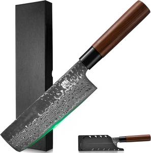 lot 5725 image: FULLHI Damascus Steel Japanese Knife with Sheath, Forged Hammered Blade Wood Handle Gyutou Filleting Chef Kitchen Knife with Box for Cooking, Camping BBQ