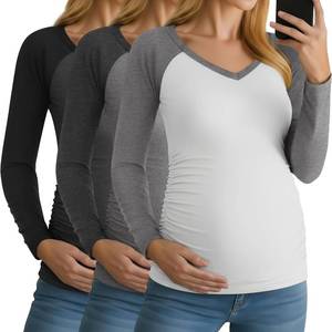 lot 5541 image: 3 Pack Maternity Shirts Long Sleeve V Neck Women Pregnancy Tops Side Ruched Color Block Raglan Baseball Clothes Size Small