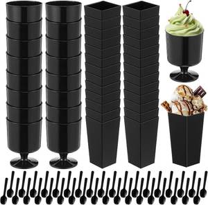 lot 12506 image: 200 Pcs Black Dessert Cups with Spoons Small Plastic Goblets Disposable Parfait Charcuterie Cups Pudding, Mousse Set for Party(56 oz,Goblet, Square)