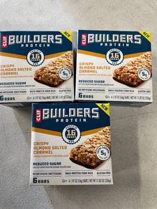 lot 12541 image: 3 Boxes CLIF BUILDERS Protein Bars Crispy Almond Salted Caramel, Reduced Sugar, Gluten Free, 6cteach