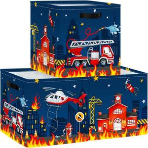 lot 12110 image: Clastyle Cars Kid Storage Cube Organizer Set Closet Clothes Cube Storage Bin Nursery Toddler Toy Box Chest Girl Boy Book Shelf Basket, Fire Truck,11.8x11.8x11.8 in