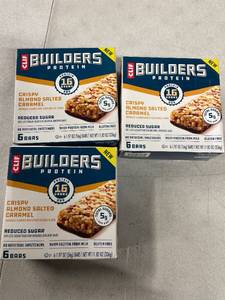 lot 12146 image: 3 Boxes CLIF BUILDERS Protein Bars Crispy Almond Salted Caramel, Reduced Sugar, Gluten Free, 6cteach