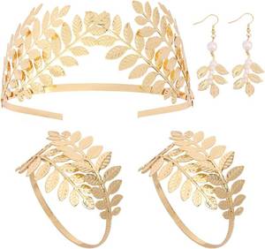 lot 12160 image: Canitor Greek Goddess Accessories Toga Costume Woman Accessories Goddess Headpiece 1 Pcs Golden Leaf Crown Headband 2 Pcs Coil Upper Armband Bracelet 2 Pcs Dangle Earrings