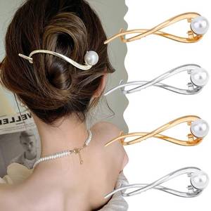 lot 12162 image: Ahoney 4 Pcs Pearl Barrettes for Women - 4.2 French Hair Clips with Fancy Pearls for Thick Hair (SilverGold)