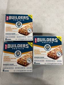 lot 12291 image: 3 Boxes CLIF BUILDERS Protein Bars Crispy Almond Salted Caramel, Reduced Sugar, Gluten Free, 6ctEach