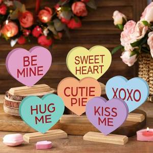lot 12316 image: Yousoontic 6 Pcs Valentines Day Heart Wood Sign Love Heart Candy Tabletop Centerpiece Colorful Conversation Hearts Wooden Block Table Decorations for Wedding Party Office Tiered Tray Home Shelf Gift