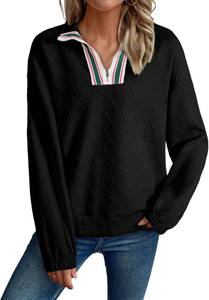 SHEWIN Womens Casual Textured Sweatshirt Colorblock Striped Collar Quarter Zip Long Sleeve Pullover Tops SIZE L