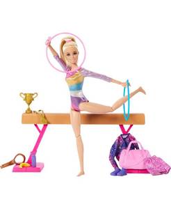 lot 13059 image: Barbie Gymnastics Play Set with Blonde Fashion Doll, Balance Beam, 10 Plus Accessories and Flip Feature