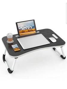 lot 15535 image: BUYIFY Folding Lap Desk, 23 Inch Portable Wood Black Laptop Bed Desk Lap Desk with Cup Holder, for Working Reading Writing, Eating, Watching Movies for Bed Sofa Couch Floor - Retail $29