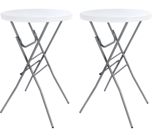lot 15551 image: Cocktail Table 28in Folding Round High Top Indoor Outdoor with Removable Legs, Tall Bistro Foldable Bar Height Table for Parties, Patio, Backyard, Dining, Wedding, White- 2PCS - Retail $145