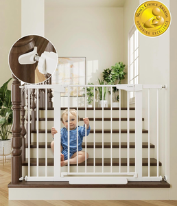 lot 15554 image: Cumbor 29.7-46 Baby Gate for Stairs, Toddler Safety Essentials for The House, Auto Close Dog Gate for Doorways, Moms Choice Awards Winner-Easy Install Pressure Mounted Pet Gates for Dogs, White - Retail $89