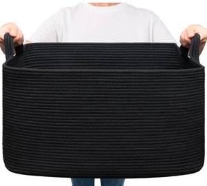 lot 15571 image: Blanket Basket Living Room, 21.6 x 14.9 x 11.8 Woven Storage Basket for Blankets, Toys, Rectangle Rope Dirty Clothes Baskets for Nursery, Bedroom, Black - Retail $27