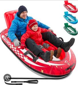 lot 15575 image: QPAU 2-Person Inflatable Snow Sled with Premium Canvas Cover, Heavy Duty Sled with Backrest & Reinforced Handles, Snow Tubes for Kids & Adults, Winter Inflatable Toys - Retail $0