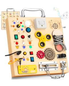 lot 15579 image: Wooden Busy Board with LED Light Montessori Baby Learning Toys for Toddlers , Sensory Activity Board, Travel Educational Toys, Boy & Girl Birthday Gift (Silver Handle) - Retail $39