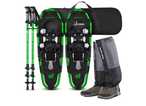 lot 15584 image: Odoland 30 Inch Snowshoes with Trekking Poles for Men Women Youth, Waterproof Snow Leg Gaiters and Carrying Bag, Lightweight Aluminum, Heel Lift, Snow Shoes Easy to Wear - Retail $119
