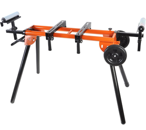lot 15591 image: Miter Saw Stand with Pedestal Roller, Stainless Steel Portable Work Support Stand for Workshop Tools, 500 Lb Max Table Saw Stand Miter Saw Table, Folding Table Saw - Retail $109