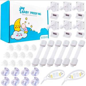 lot 15601 image: 40 Pack Baby Proofing Kit  Hidden Cabinet Drawer Locks, Adjustable Latches, Outlet Covers, Corner Guards & Anti Tip Furniture Anchors Kit. Protecting Baby From Safety Hazards in Your Home. - Retail $0