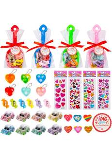 lot 15604 image: Goody Bag Gifts - 24 Pack I Dig You Shovels with Cards, Pull Back Cars, Keychains, Stickers - Retail $0