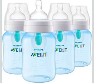lot 15609 image: Philips Avent Anti-Colic Bottle with AirFree Vent, 9oz, with Flow 2 Nipples, 1m, 4pk, Blue, SCY70324 - Retail $30