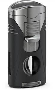 lot 15610 image: All-in-One Jet Lighter with V Cutter Set, 4 Jet Flames, Gifts for men, Soft Touch Black, without Butane - Retail $0