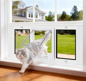 lot 15614 image: Aluminum Frame Window Cat Door with Magnetic Auto Closure, Horizontal Adjustable Width Quick-Fit Pet Door for Window Insert, Suitable for Most Medium Cats & Small Dogs - Retail $89