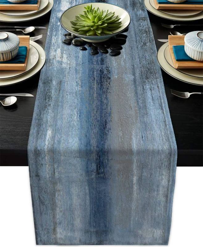lot 54920 image: Blue Grey Table Runners Modern Art Farmhouse Linen Table Runners Dresser Scarves Retro Rustic Style for Party Kitchen Dining Table Coffee Holiday Party Decor (Blue Grey, 13x 71) - Retail $12