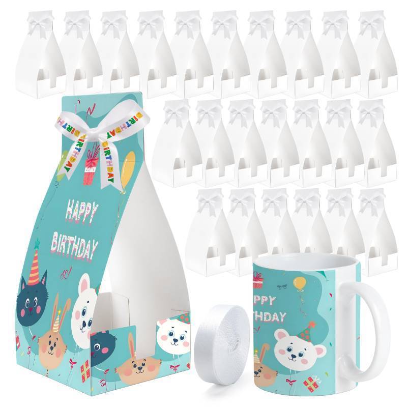 lot 54935 image: 24 Pack White Gift Boxes with Ribbon for 11oz Sublimation Mugs Blanks with Handle Sublimation Ribbon Graffitiable Gift Box for Bridesmaid Gifts Mothers Day Easter Weddings DIY Decor (box only, missing ribbon) - Retail $16