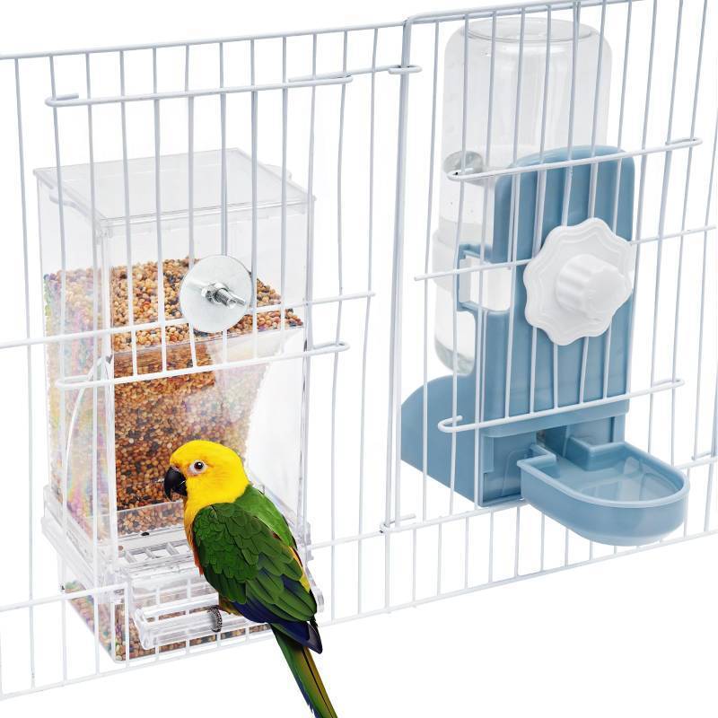 lot 54975 image: No Mess Bird Feeder Water Dispenser Set, Parakeet Cage Accessories, Bird Feeder and Waterers in Cage for Cockatiels, Finches, Lovebirds, Budgies, Canaries - Retail $18