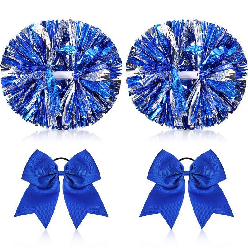lot 54982 image: 4 Pcs Cheerleading Pom Poms with Baton Handle and Cheerleader Hair Bows, 14 Inch Metallic Cheer Supplies for School Team Spirit Sports Dance Cheering(Blue) - Retail $14