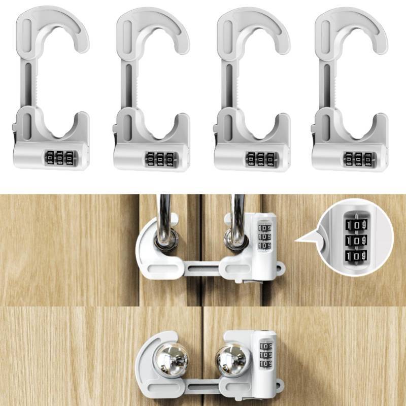 lot 54994 image: 4 Pack Child Proof Cabinet Door Locks Baby Safety Combination Adjustable Cupboard Locks Passwords Child Proofing Latches for Knob Handle Drawers Closet (White) - Retail $17