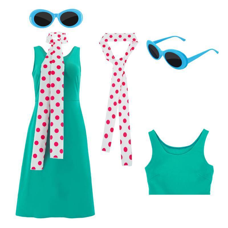 lot 55010 image: Women Lucy Costume Dress Wilde Polka Dot Scarf Blue Frame Glasses Halloween Themed Party Cosplay Outfit 2XL - Retail $30