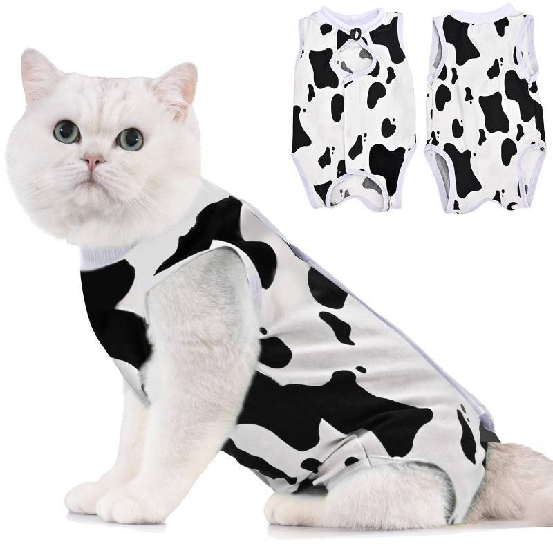lot 55056 image: Cat Recovery Suit - Kitten Onesie for Cats After Surgery, Cone of Shame Alternative Surgical Spay Suit for Female Cat, Post-Surgery or Skin Diseases Protection -Cow(S) - Retail $9