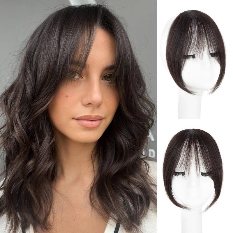 lot 55083 image: Clip in Bangs, 100% Real Human Hair Brown Black Fake Bangs Clip in Hair Extensions French Bangs Fringe with Temples Hairpieces for Women Curtain Bangs for Daily Wear