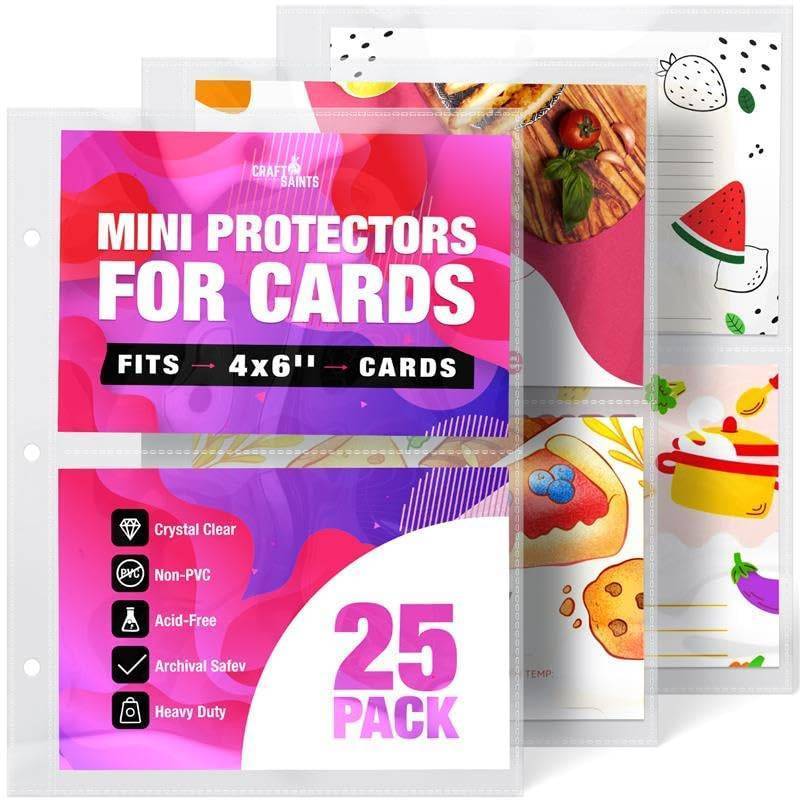 lot 55087 image: 50 Pockets Mini Sheet Protectors fit 4x6 Cards (Pack of 25) for 8.5x9.5Mini Binders, Half Binders, Recipe Book Page Refill Sheets, 2 Pocket Index Card Protectors, Crystal Clear Covers - Retail $6