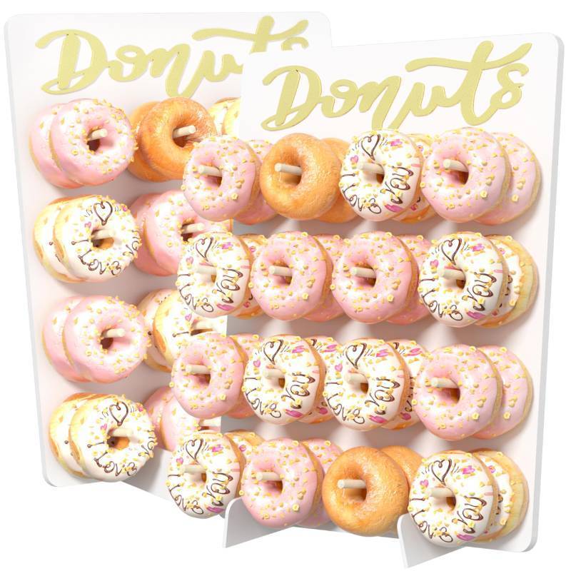 lot 55113 image: Wooden Donut Wall Display Stand, 2PCS Holder for 32 Doughnuts, Board for Grow Up Party, Birthday, Wedding, Baby Shower, Party Decorations (White) - Retail $39