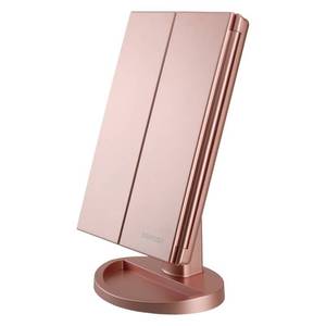 lot 44617 image: Dresser Mount Tri-Fold Lighted Vanity Mirror with 21 LED Lights, Touch Screen and 3X2X1X Magnification, Two Power Supply Modes Make Up Mirror, Travel Mirror. - Retail $28