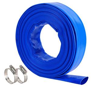 lot 44628 image: 2.5 x 50 FT Pool Backwash Hose, Blue Heavy Duty Reinforced PVC Lay Flat Water Discharge Hose for Swimming Pool Filter Pump with 2 Clamp - Retail $41