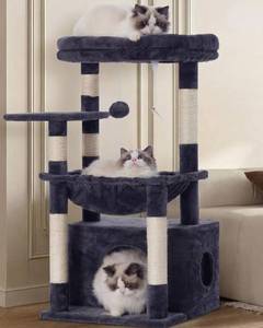 Cat Tree, Kitten Tower with Large Soft Cat Basket, Cat Condo with Spacious Cat Bed Cave with Hidden Space, Sisal-Covered Scratching Posts, Dangling Ball for Indoor Cats, Smoky Gray HCT008SG - Retail: $45