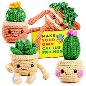 lot 44632 image: Crochet Kit for Beginners - Beginner Crochet Starter Kit with Easy-to-Follow Video Tutorials, Learn to Crochet Kits for Adults and Kids, DIY Knitting Supplies, Cactus Kit, 4 Pack Plants Family - Retail $23