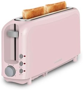 lot 44636 image: 2 Slice Slim Toaster, Single 10 Long Slot Toaster Fits Bagels & Artisan Bread, 6 Shade Settings, CancelReheatDefrost, Removable Crumb Tray, Auto Shut-Off, Pink - Retail $30